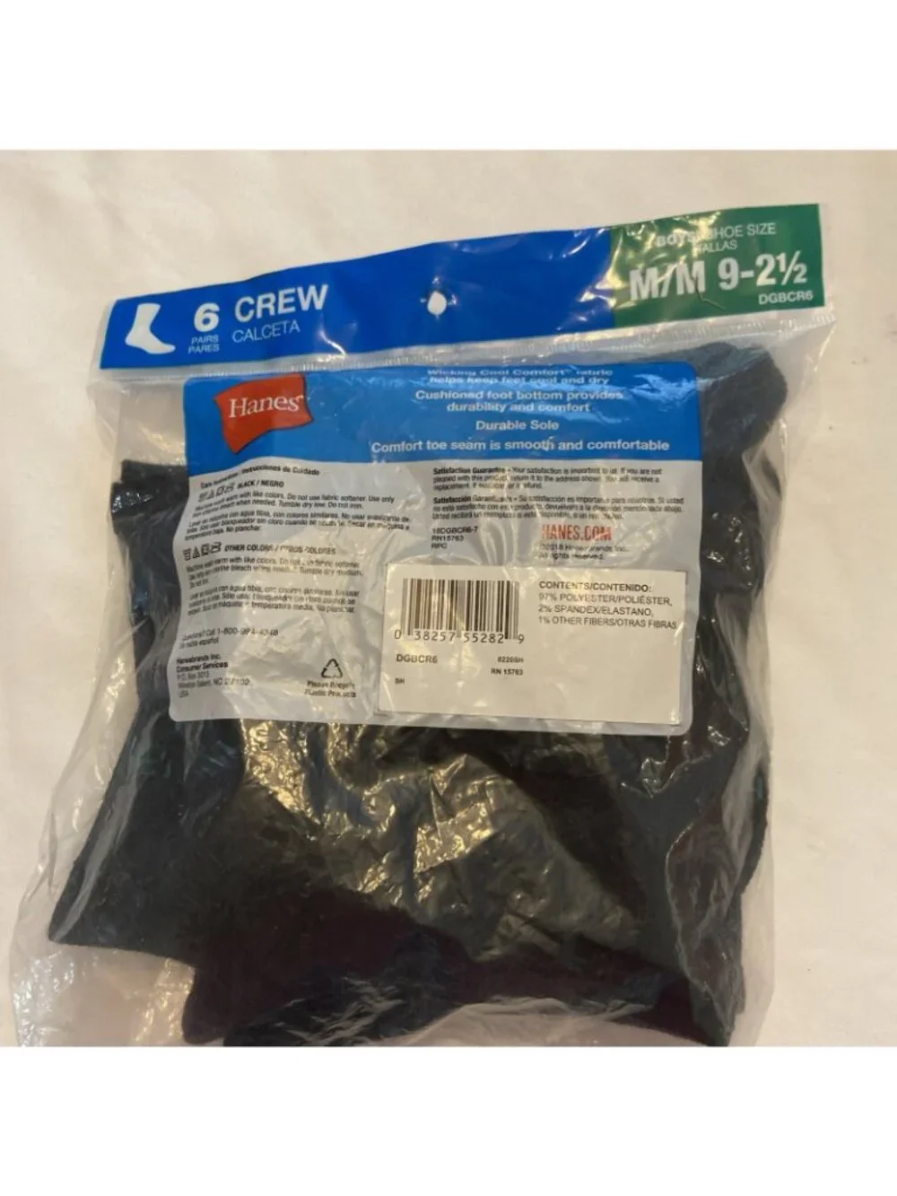 Hanes Boys Crew Socks 6 Pack Black Size M 9-2.5 Cushioned Moisture Wicking NEW